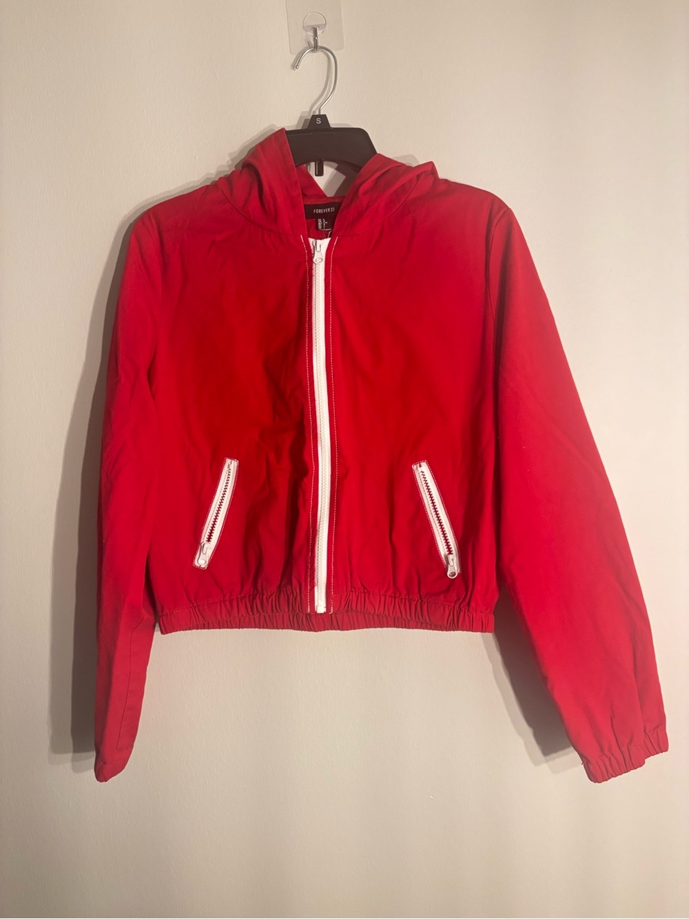 Forever 21 Red Hooded Zip Jacket with White Zipper